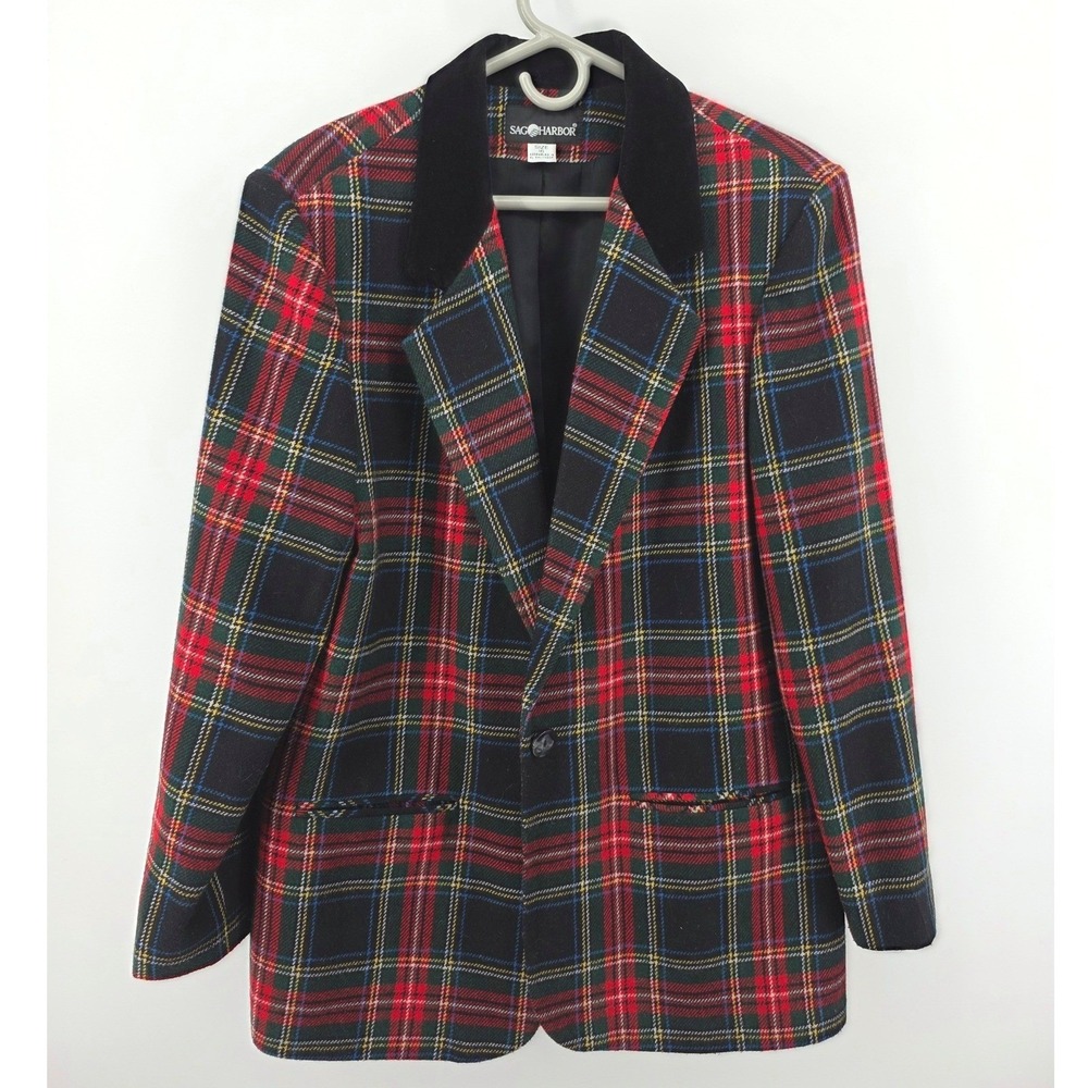 Vintage Sag Harbor Tartan Plaid Blazer Velvet Collar Red Green Size 16 Holiday